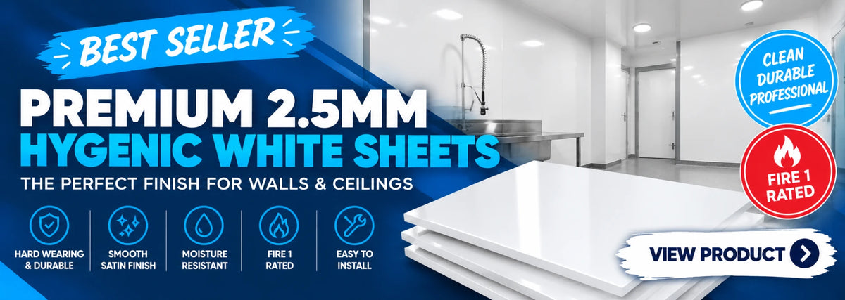 Best seller: premium 2.5mm hygienic white sheets, the perfect finish for walls and ceilings. Fire 1 rated.