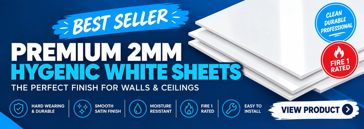 Best seller: premium 2mm hygienic white sheets, the perfect finish for walls and ceilings. Fire 1 rated.